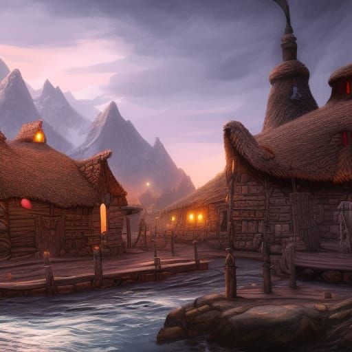Detailed Viking Village Matte Painting in 8K