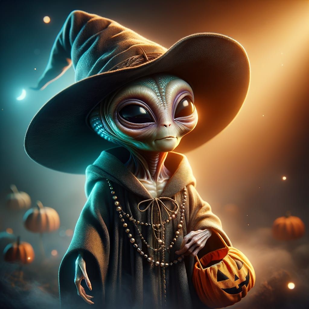 Cute Alien Witch Trick-or-Treating in Cinematic Sci-Fi Scene