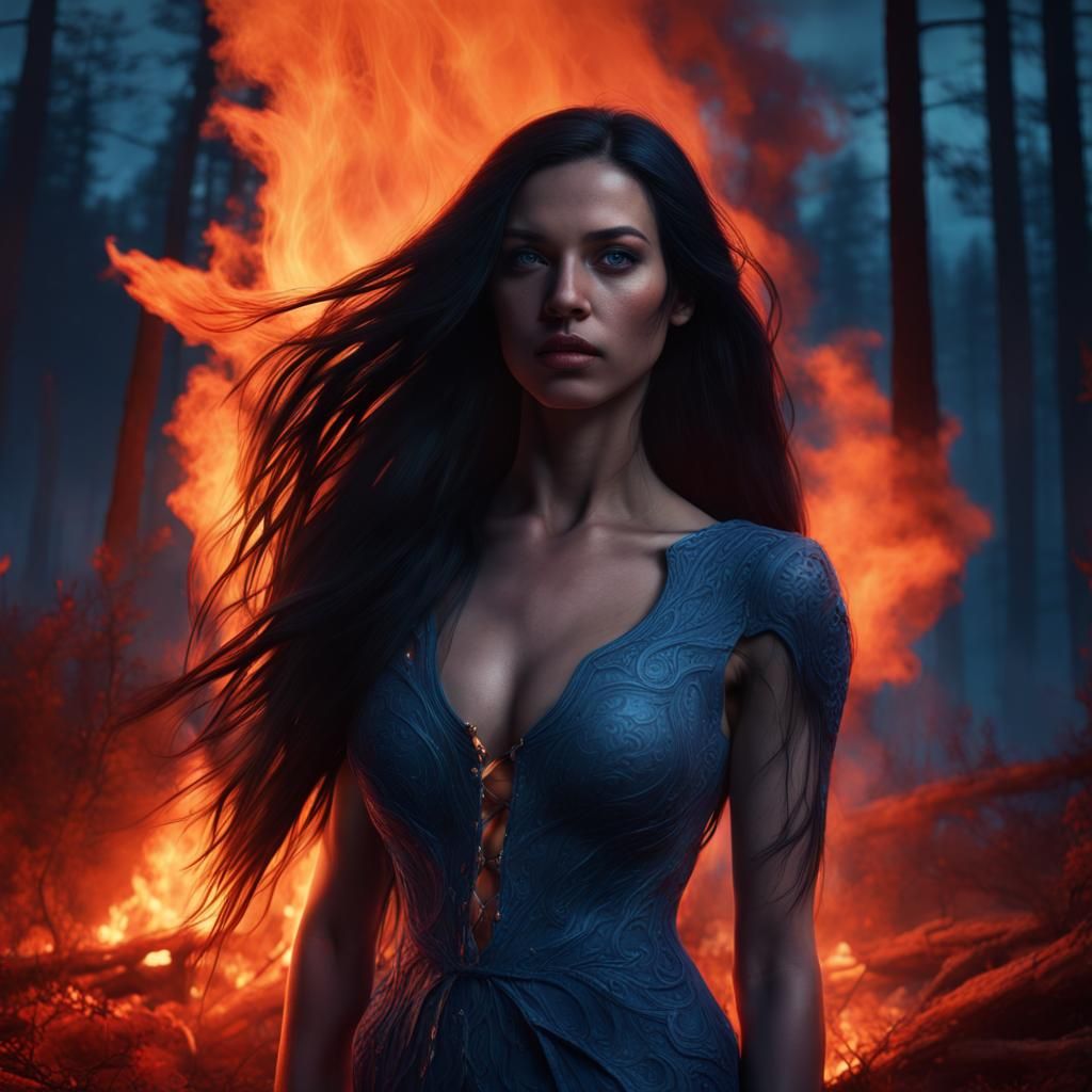 Blue Woman Amidst Fiery Night Landscape