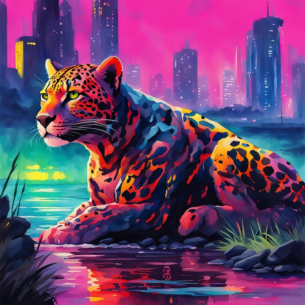 Winged Jaguar in Cyberpunk Watercolor Painting