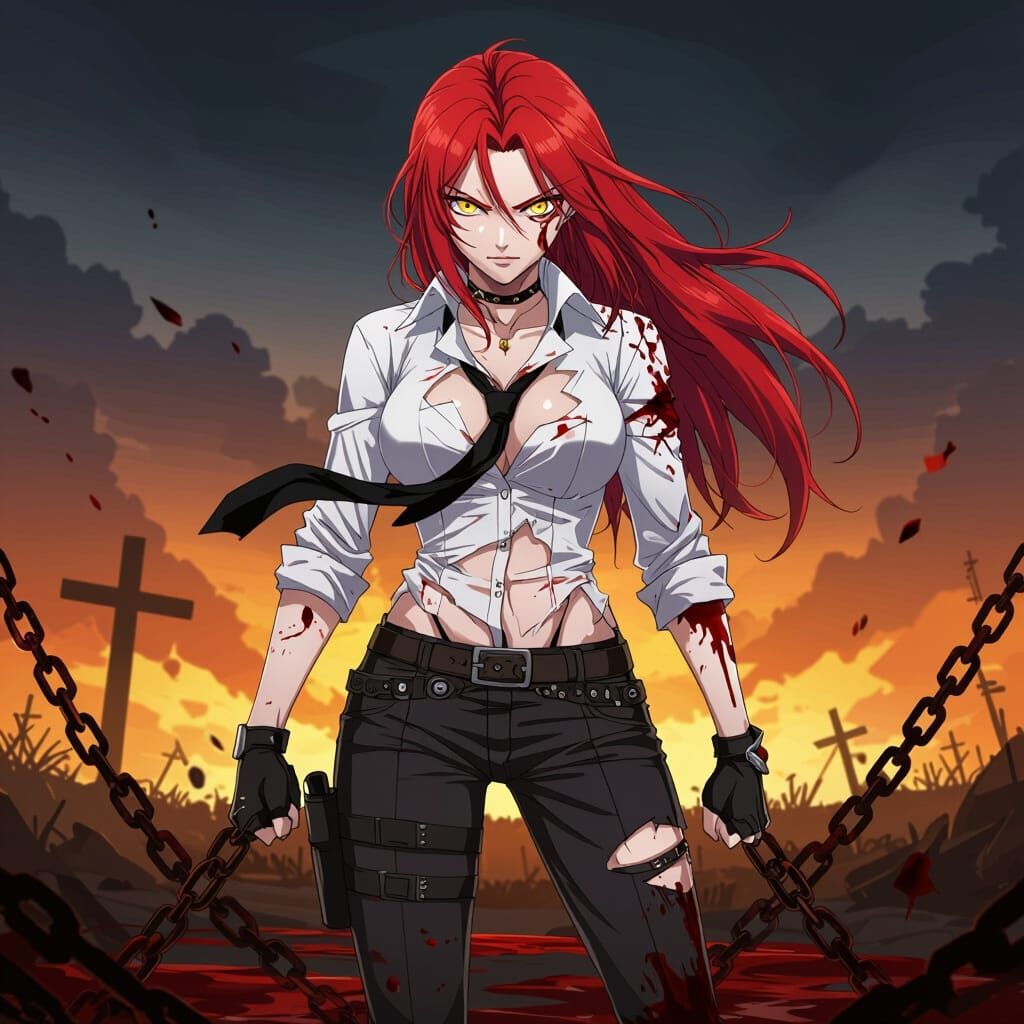Red-Haired Woman Warrior on Battlefield, Anime Style