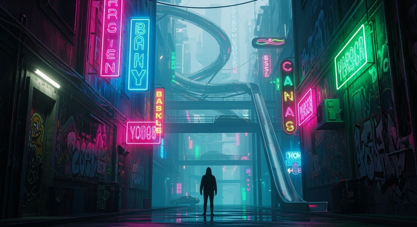 Neon Alleyway Figure in Surreal Futuristic Style