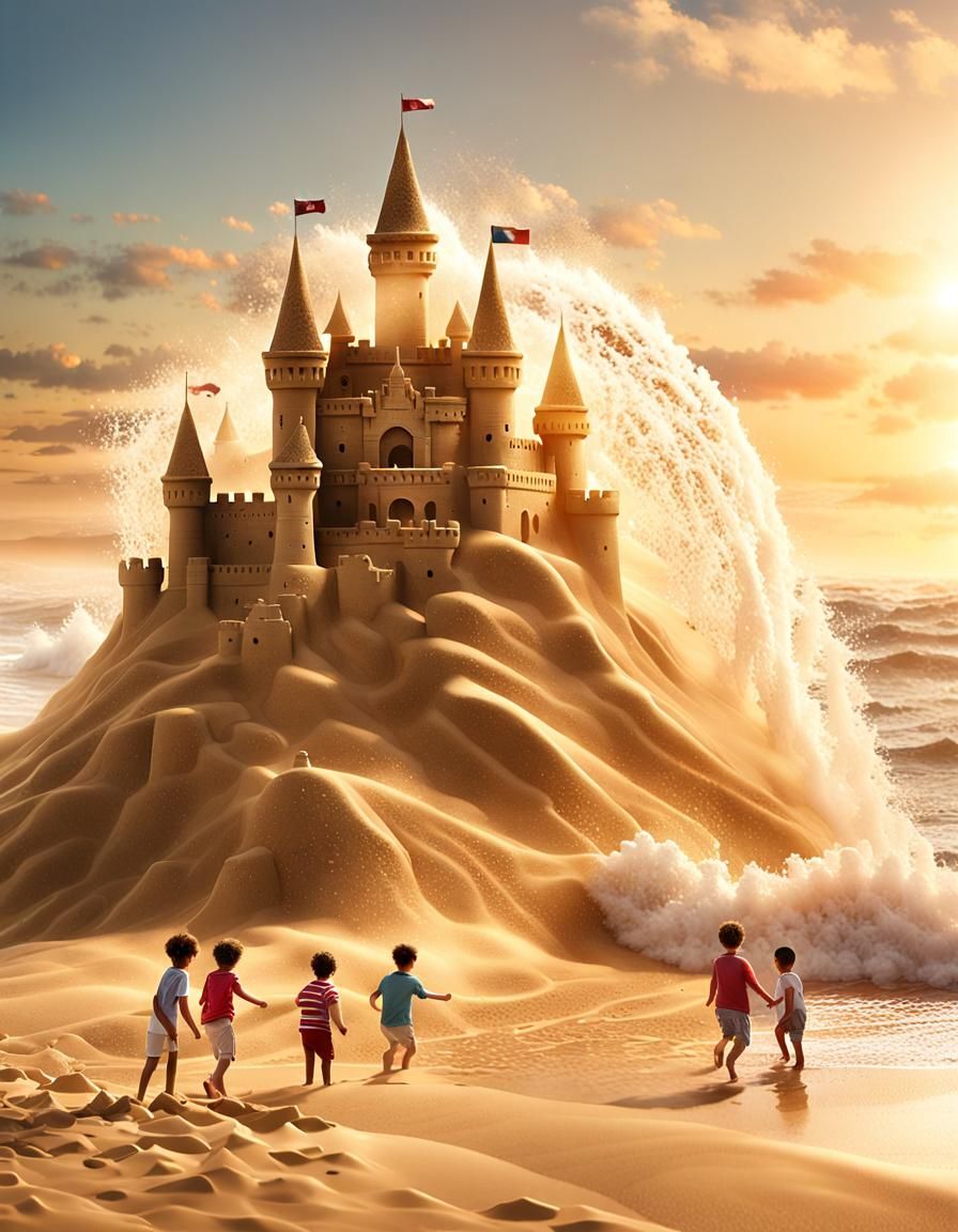 Giant Sandcastle at Sunset, Hyper-Realistic Digital Art