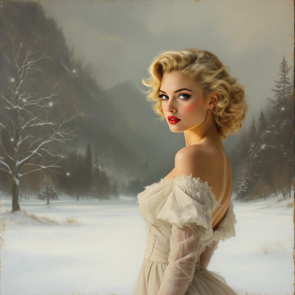 Blond Pin-Up in Snow as Sfumato Painting