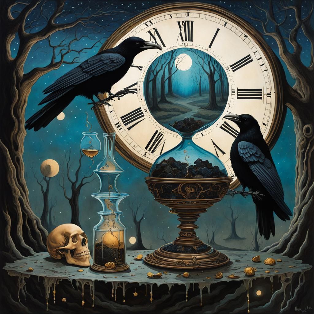 Ravens Feast on Skull Hourglass in Surrealist Style