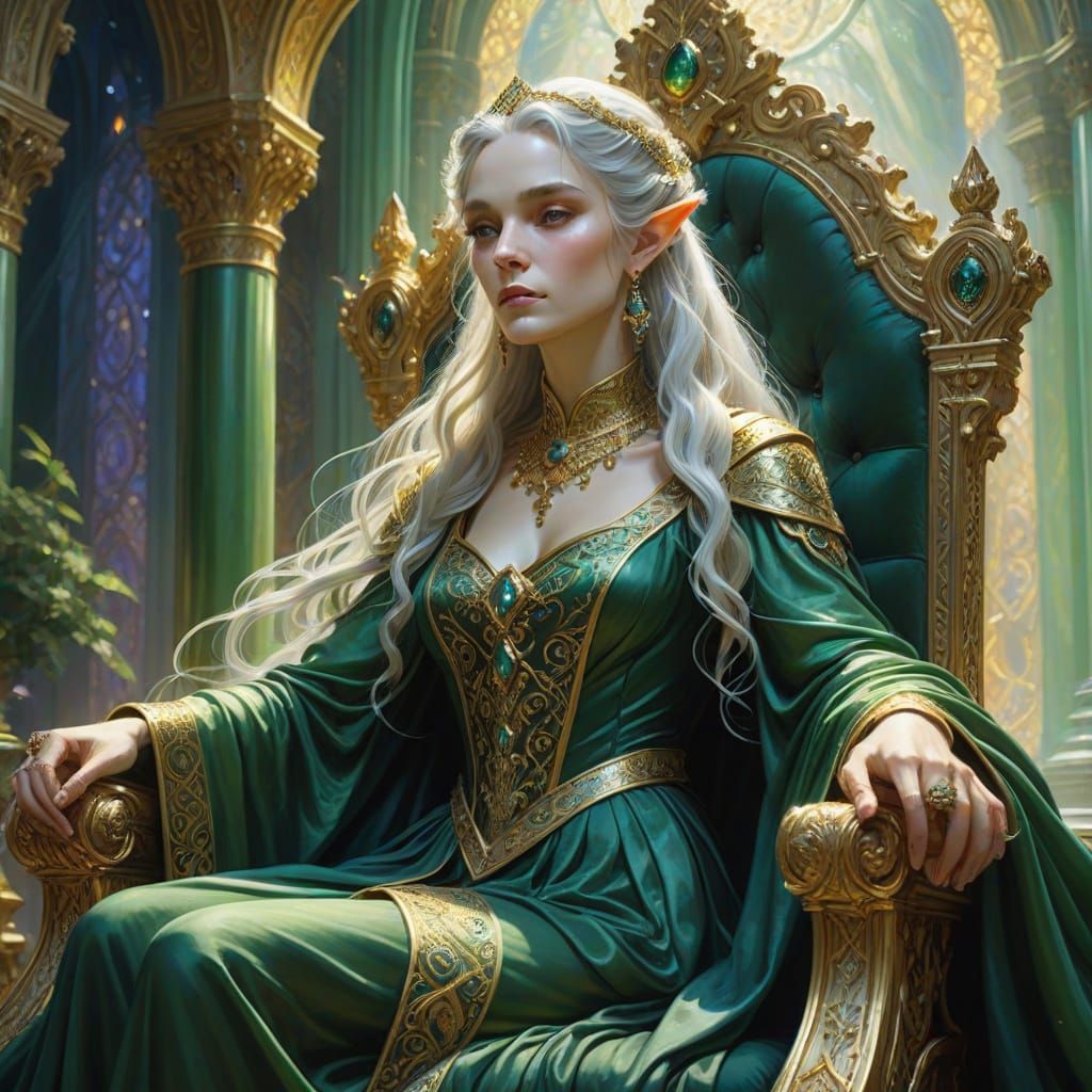 Regal Elf Queen in Opulent Green Marble Throne Room
