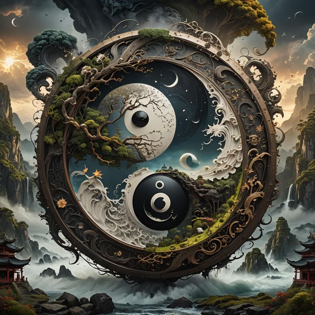 Intricate Yin Yang Symbol in Digital Painting