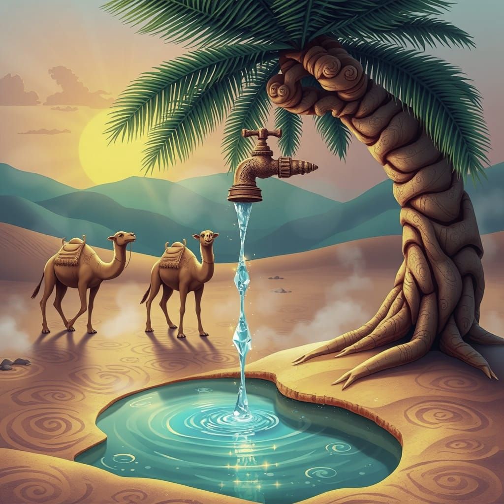 Whimsical Desert Oasis with Majestic Camel and Ancient Palm ...