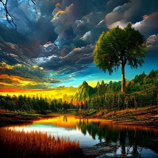 Gouache Landscape Painting of Stormy Sunset Over Basque Vill...