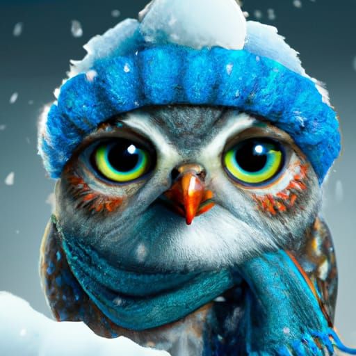 Cute Owl in Beanie Amidst Falling Snow