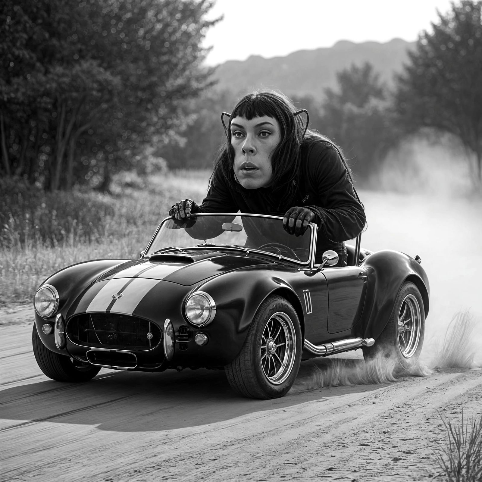 Matte Black AC Cobra Muscle Car Drifting with Woman