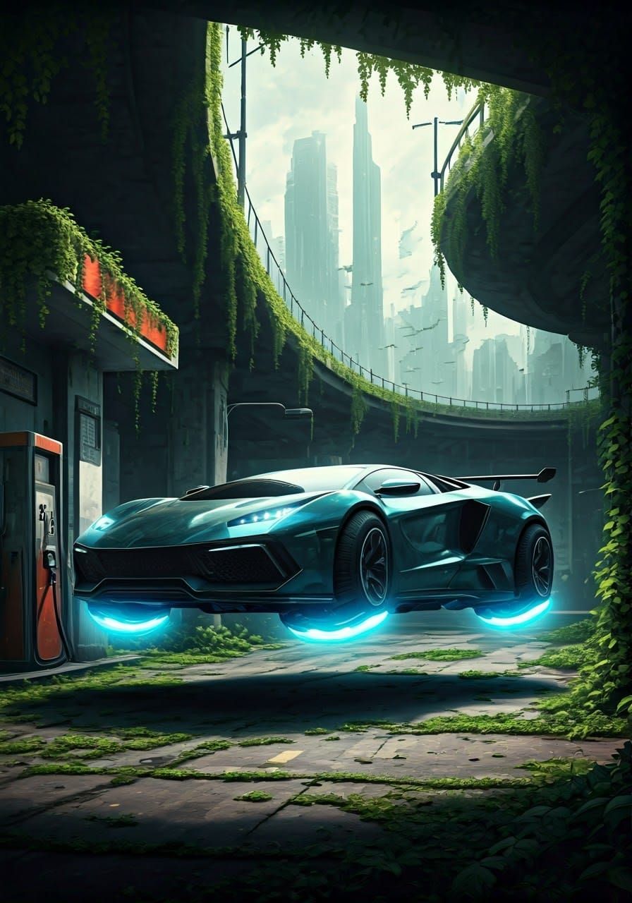 Abandoned Cyberpunk Flying Car Amidst Nature