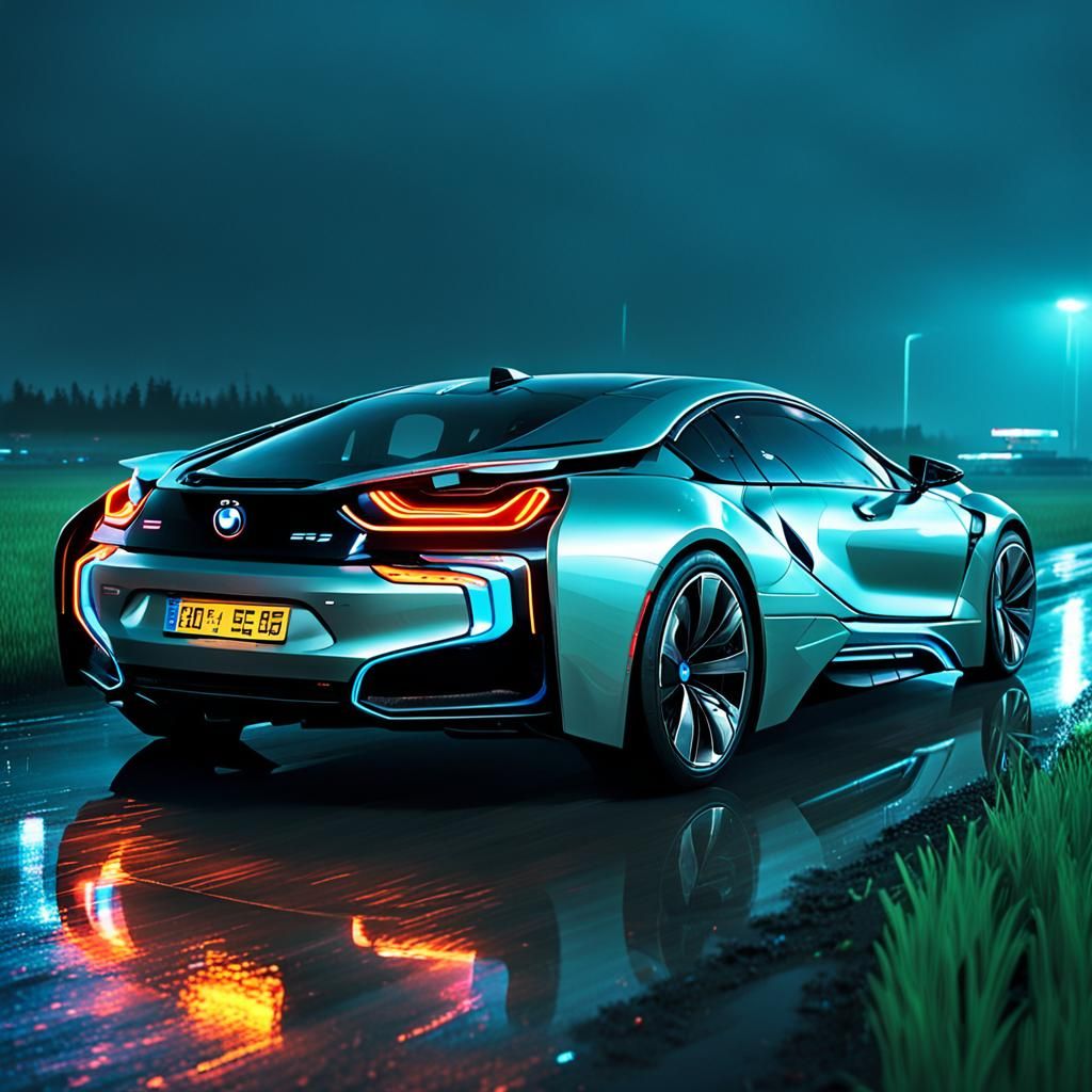 Futuristic BMW i8 Races in Rainy Cyberpunk Night