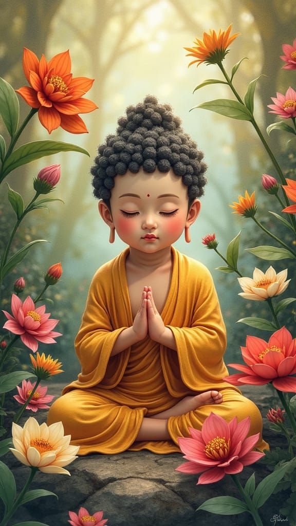 Buddha as an Enchanting Young Boy in a Fantasy Garden of Vib...