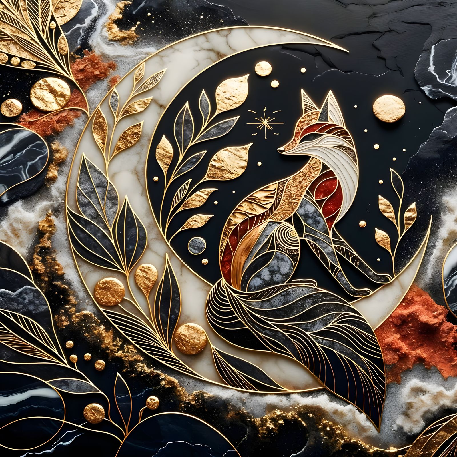 Abstract Fox on Crescent Moon with Gold Leaf
