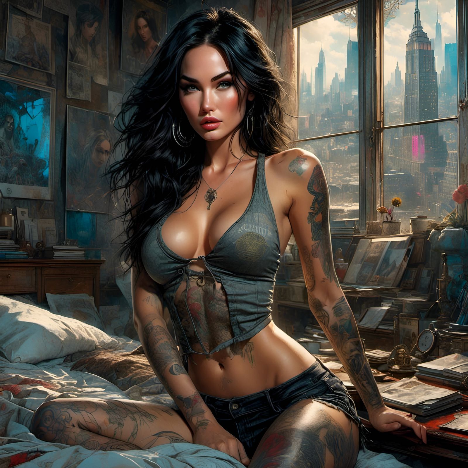 Hyperrealistic Megan Fox Portrait in Bedroom