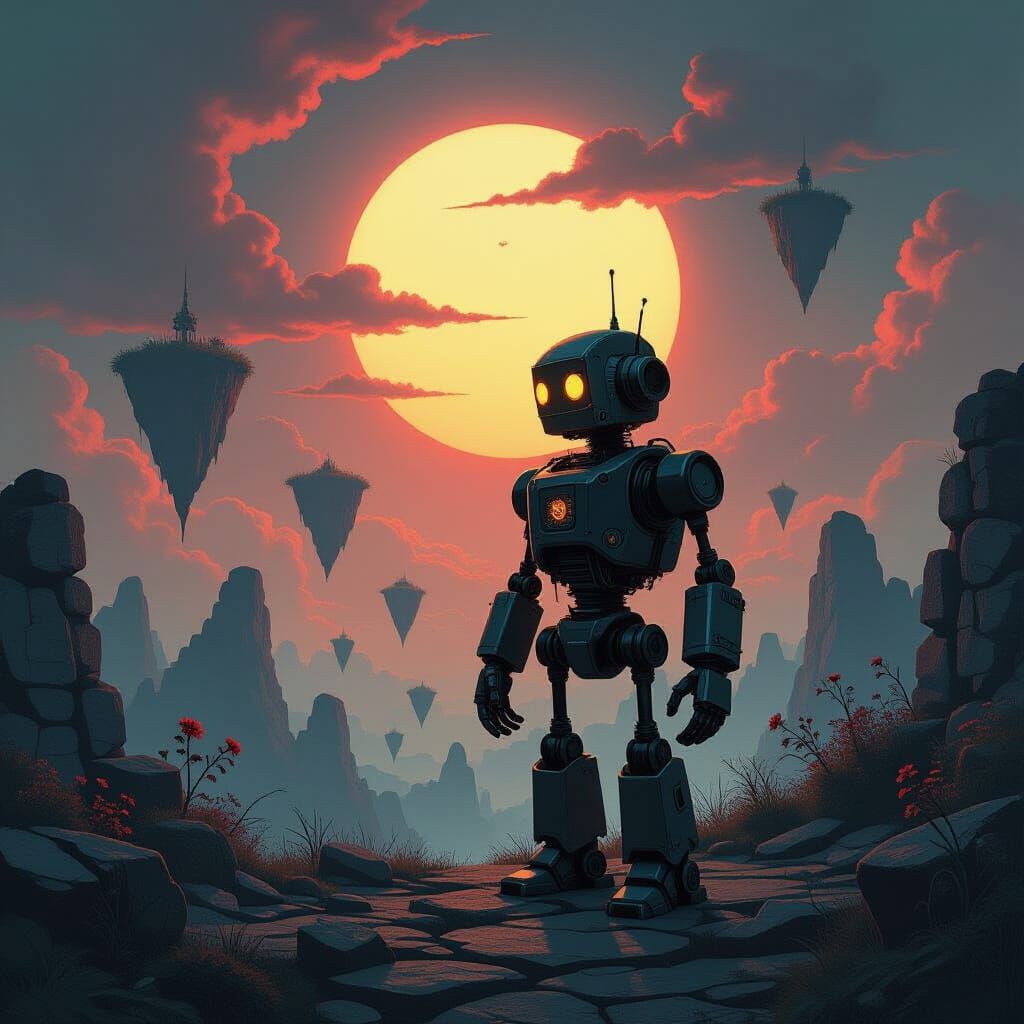 Clockwork Robot in Ethereal Floating Islands Under Dying Sun