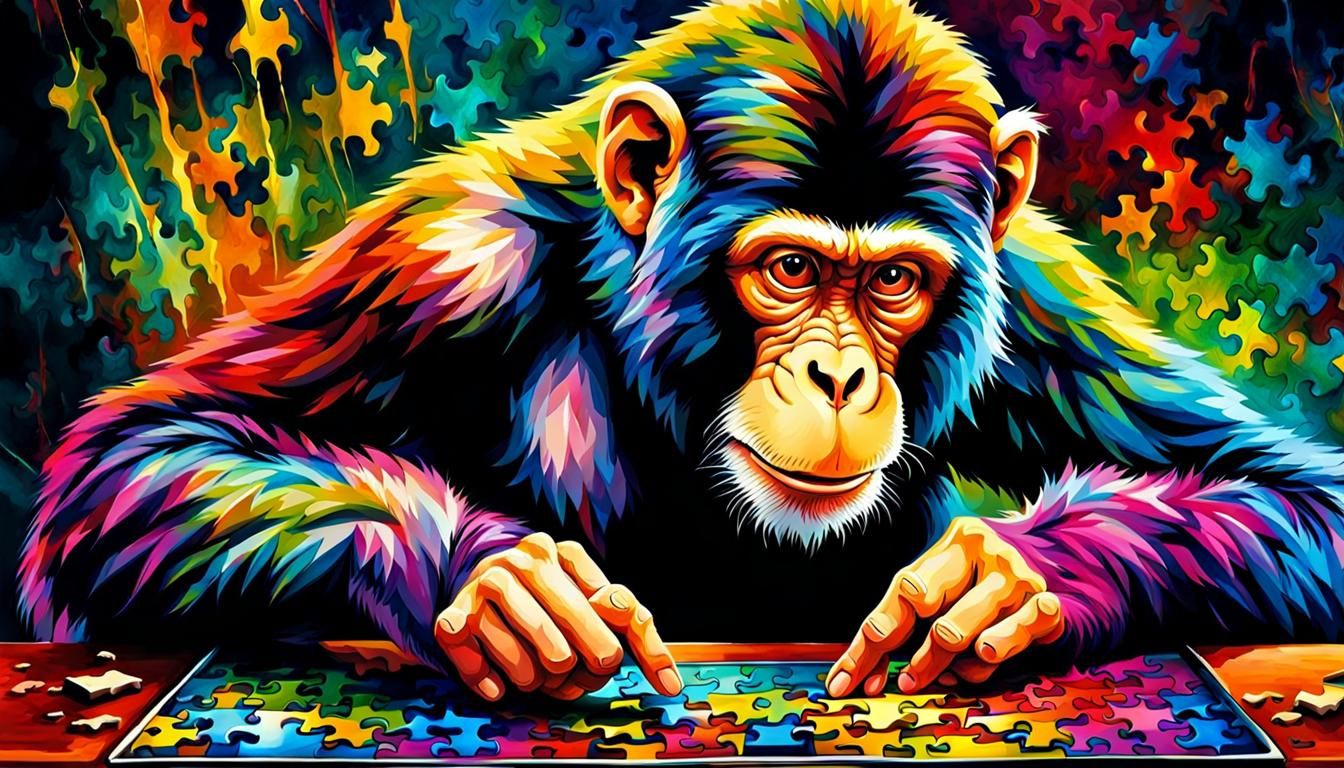 Monkey Solves Monkey Puzzle: Digital Illustration