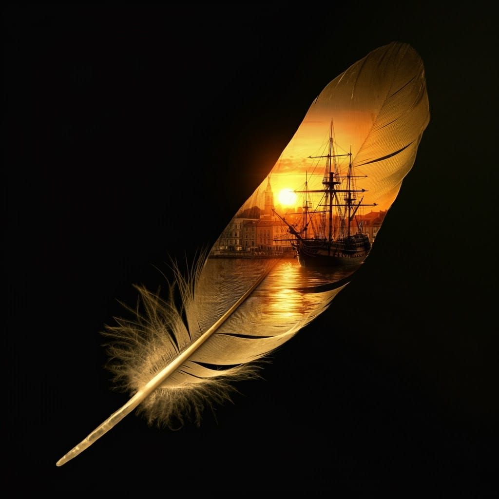 Surreal Golden Feather Encasing a Seascape