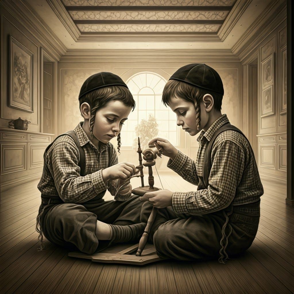 Hasidic Children Playing: Hyperdetailed Charcoal Drawing