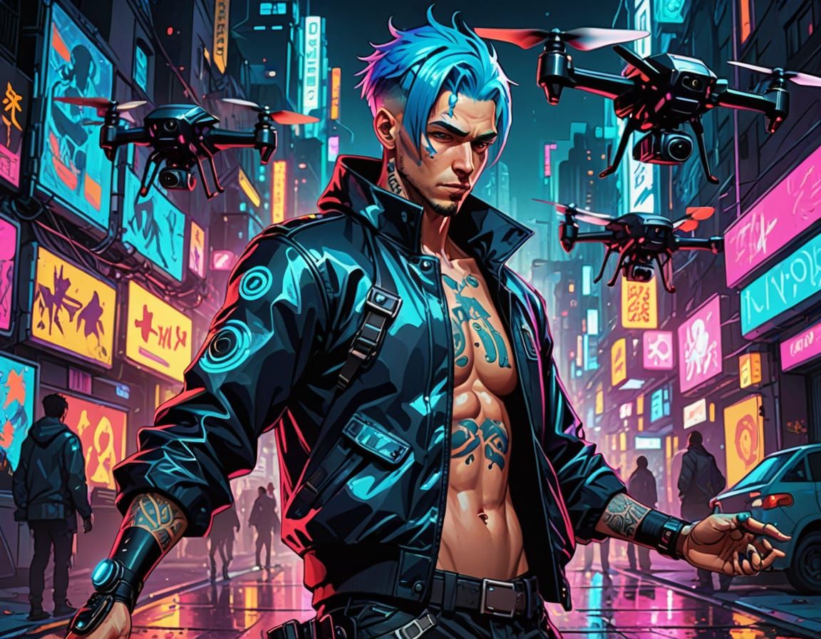 Cyberpunk Warrior Masterfully Controls Drones in a Neon-Lit ...