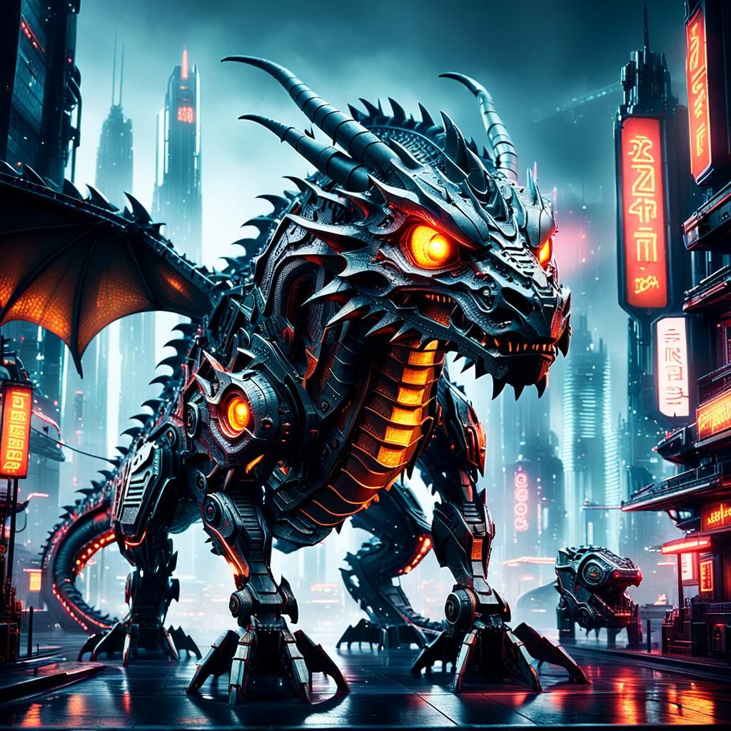 Futuristic Mech Dragon in Cyberpunk Cityscape