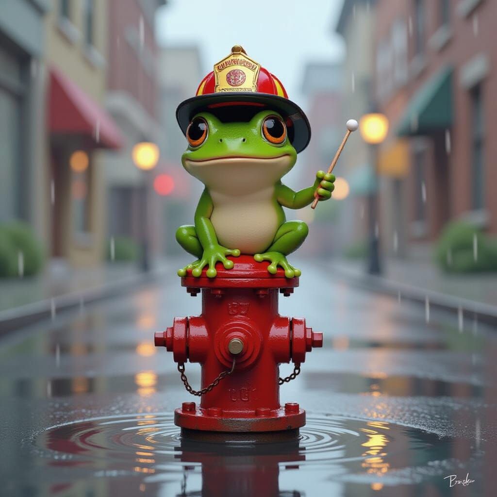 Whimsical Frog Creature on Fire Hydrant in Storybook Style