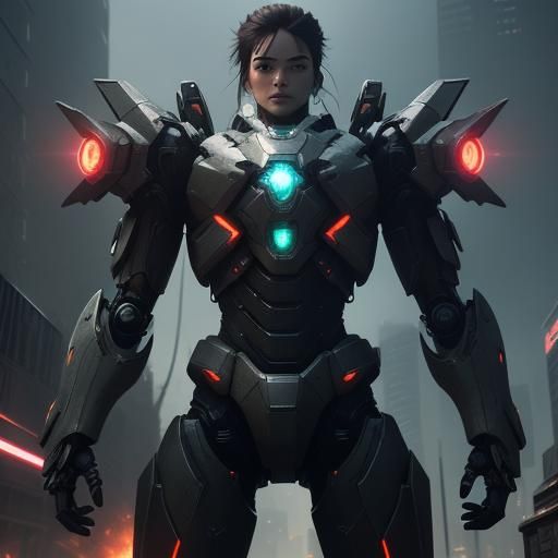 Futuristic Mech Warrior in Ruined Cityscape