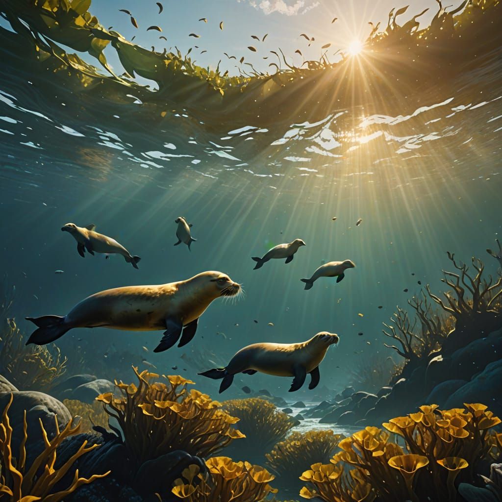 Sea Lions Swimming in Kelp Beds in Matte Painting Style