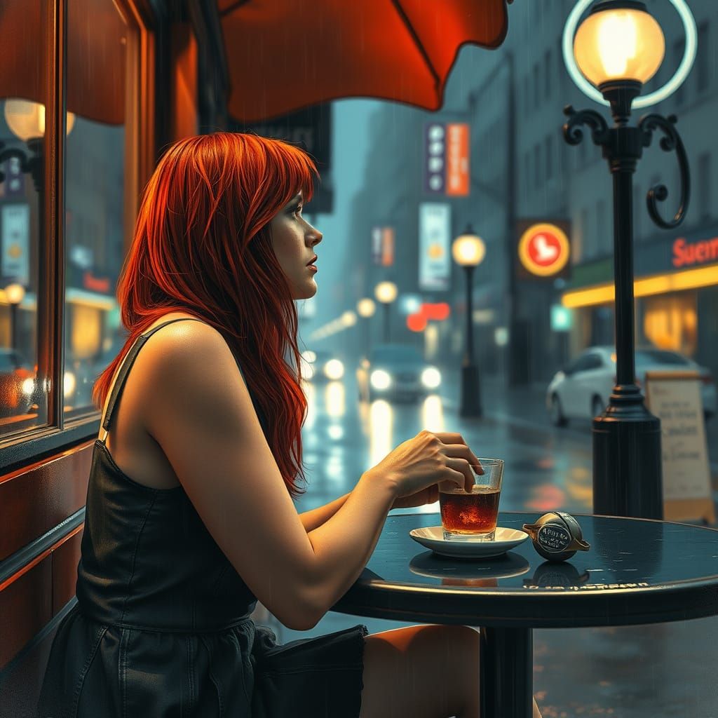 Rainy Cafe Contemplation in Watercolor Style