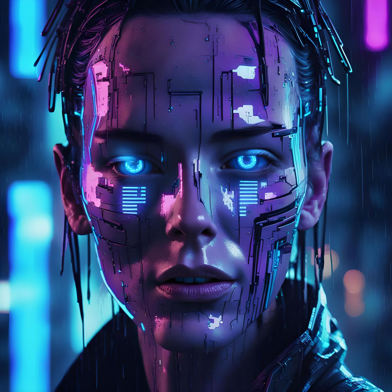 Cyberpunk Android Face Glitch in Digital Art