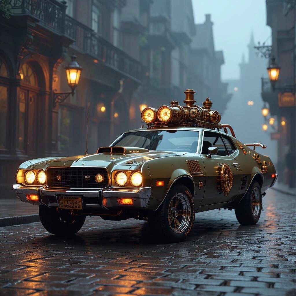 Steampunk 1972 Ford Gran Torino on Foggy Victorian Street