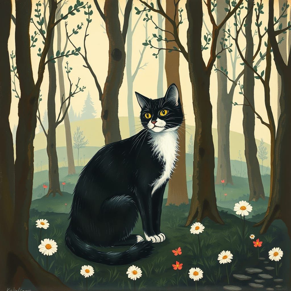 Style of Kay Nielsen, fairytale, a cat in the woods