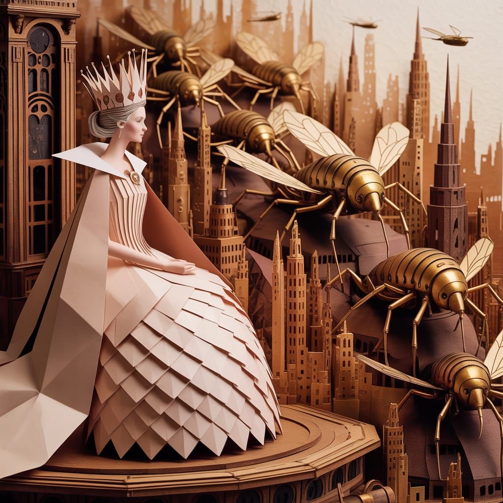 Papercraft Queen Rules Steampunk City on Clockwork Insects