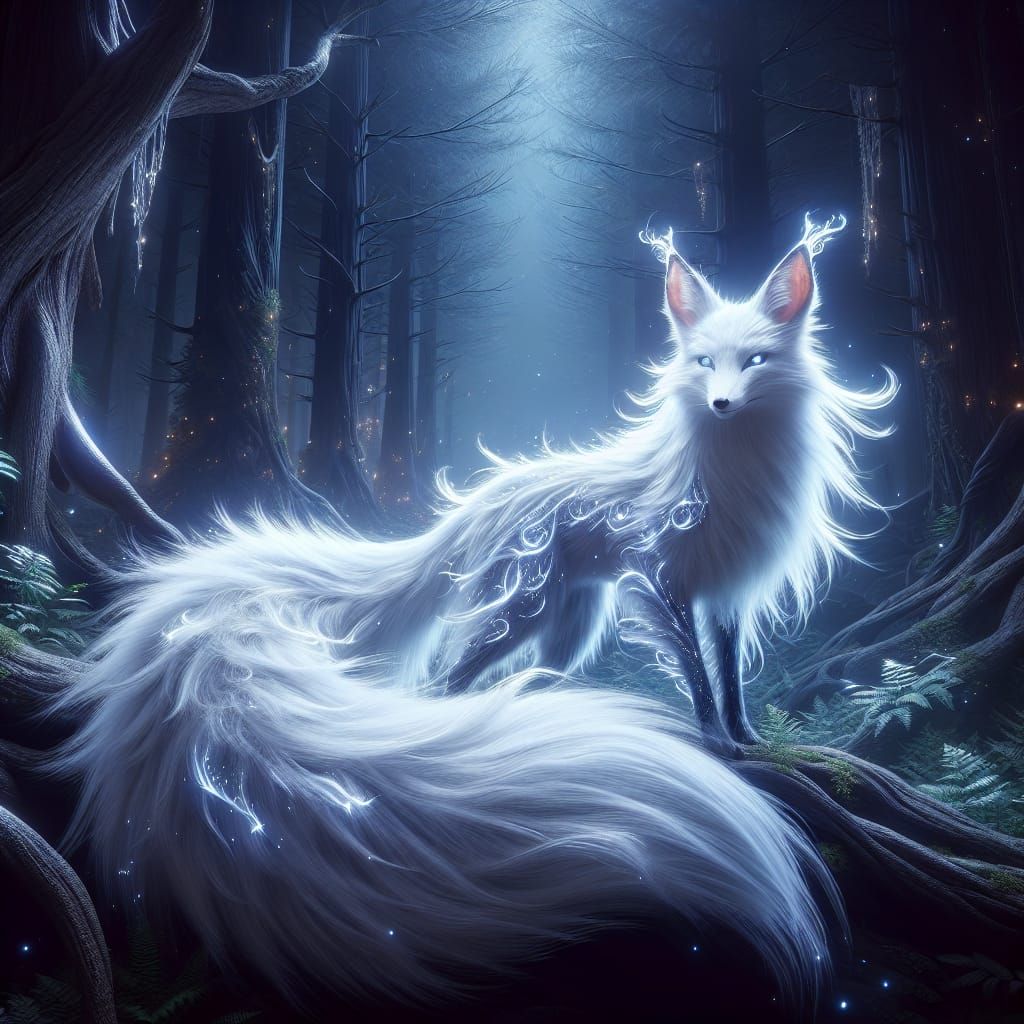 Magical White Fox in Moonlight Forest