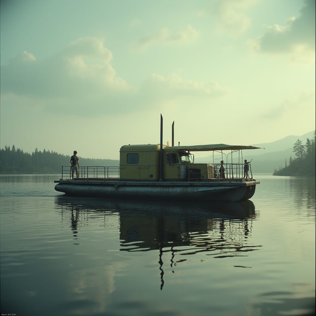 Semi-Truck Pontoon Boat: Cinematic Lake Scene