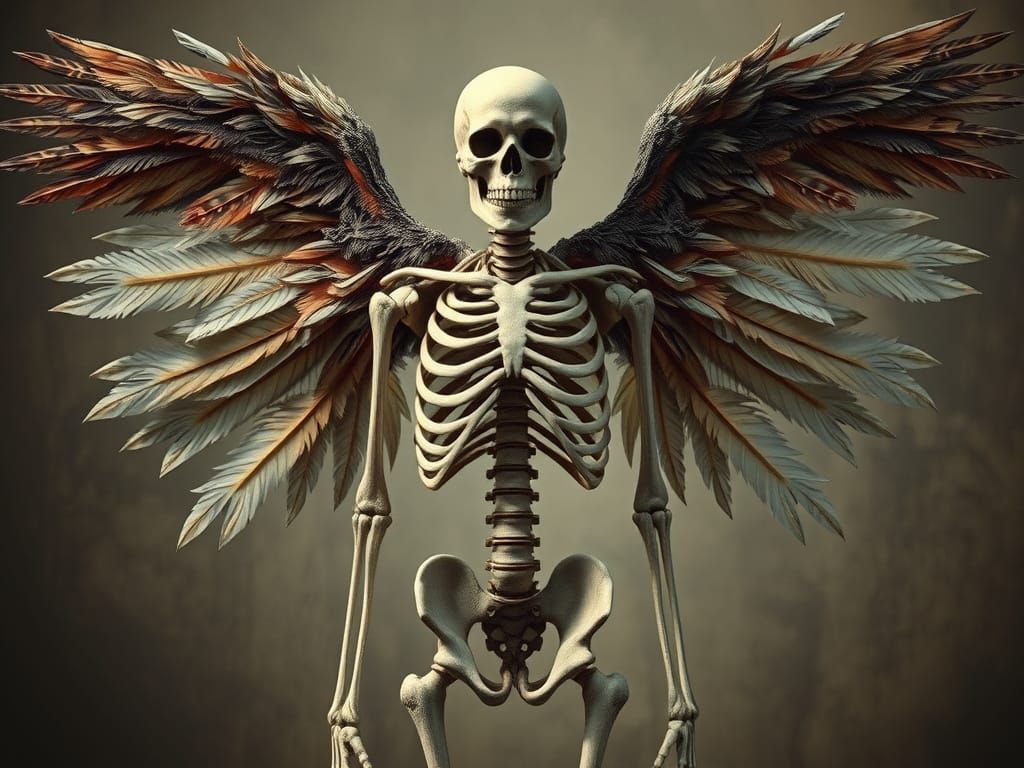 A human skeleton torso with wings made of keratin woven like feather in a surreal unusual image with a horror theme.  ul...
