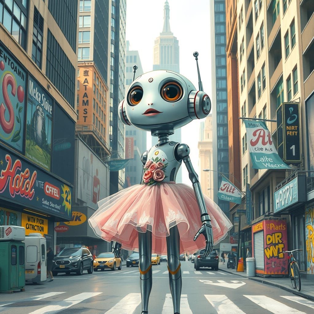 Futuristic Robot Girl in Whimsical Cityscape Attire