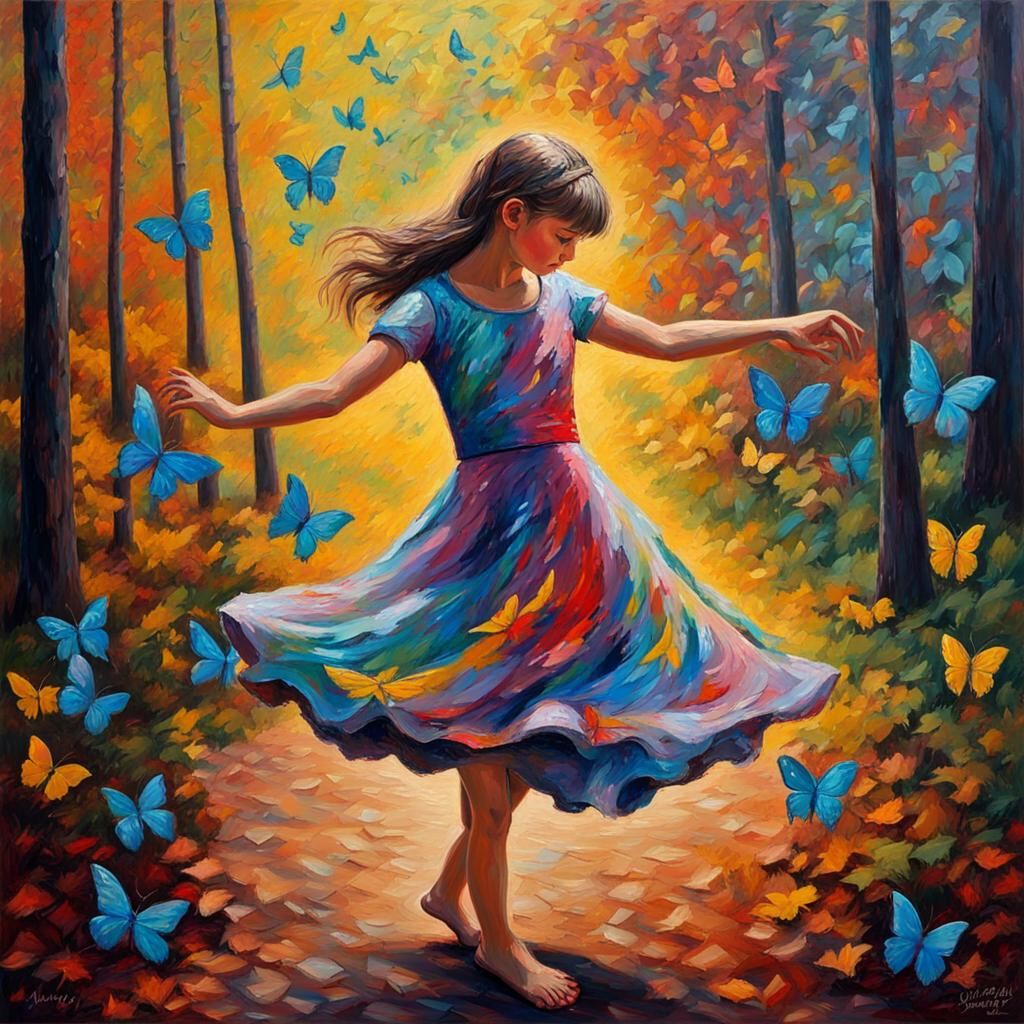 Girl Dances in Sunlit Forest: Expressionist Oil Painting