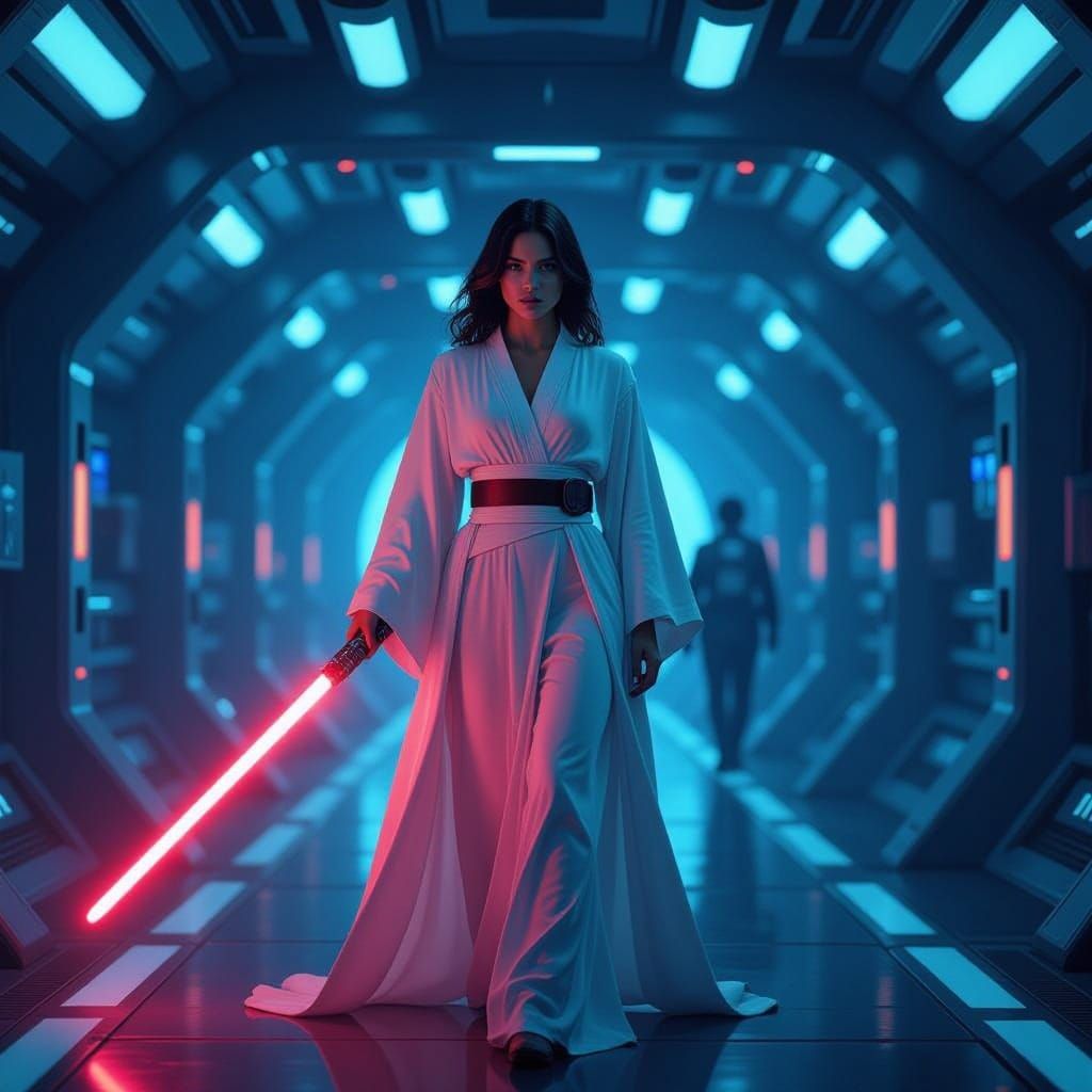 Heroic Star Wars Warrior in Vibrant Starship Corridor