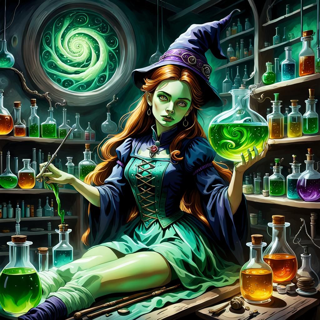 Fantasy Witch in Laboratory with Magic Potion