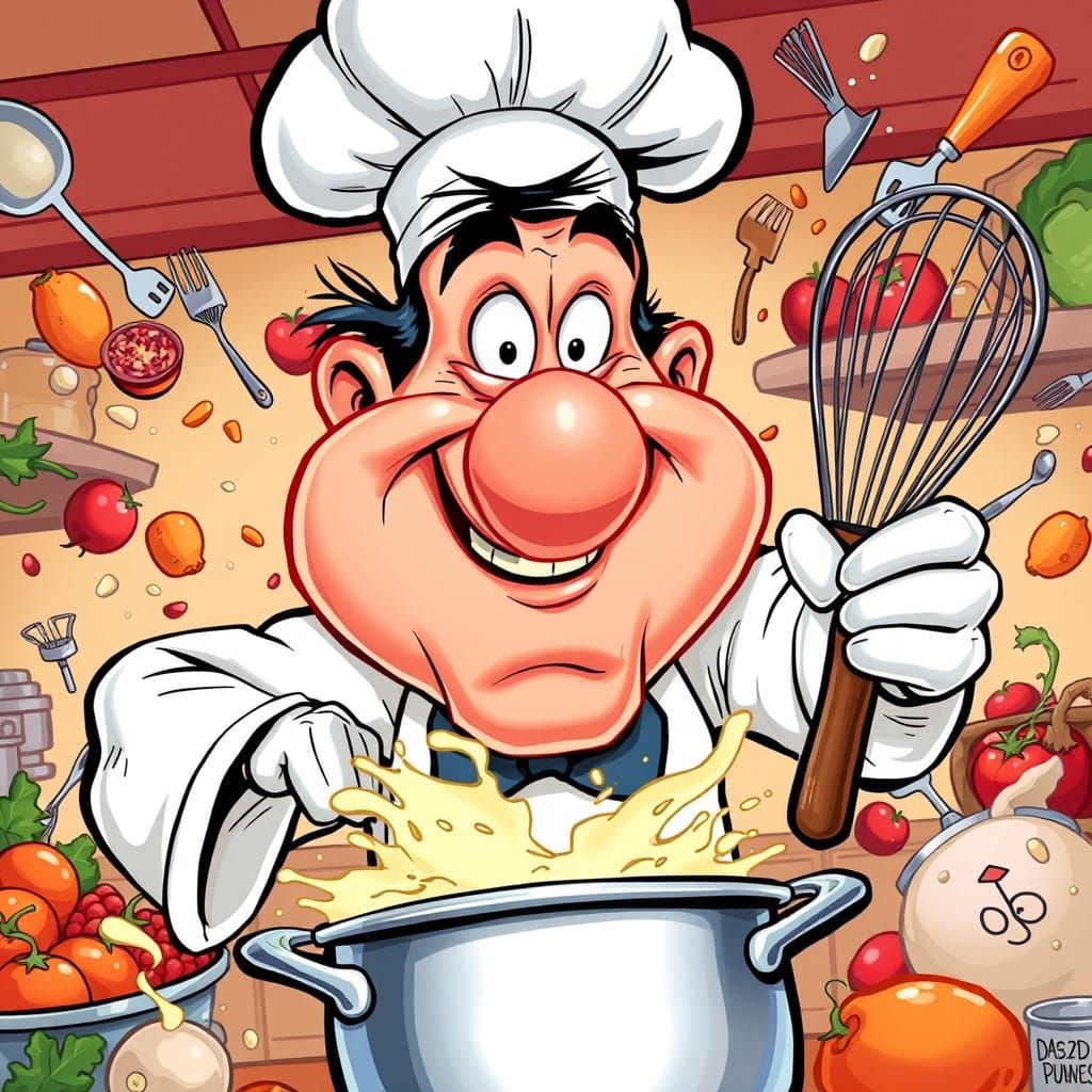 Hilarious Chef Caricature with Giant Whisk