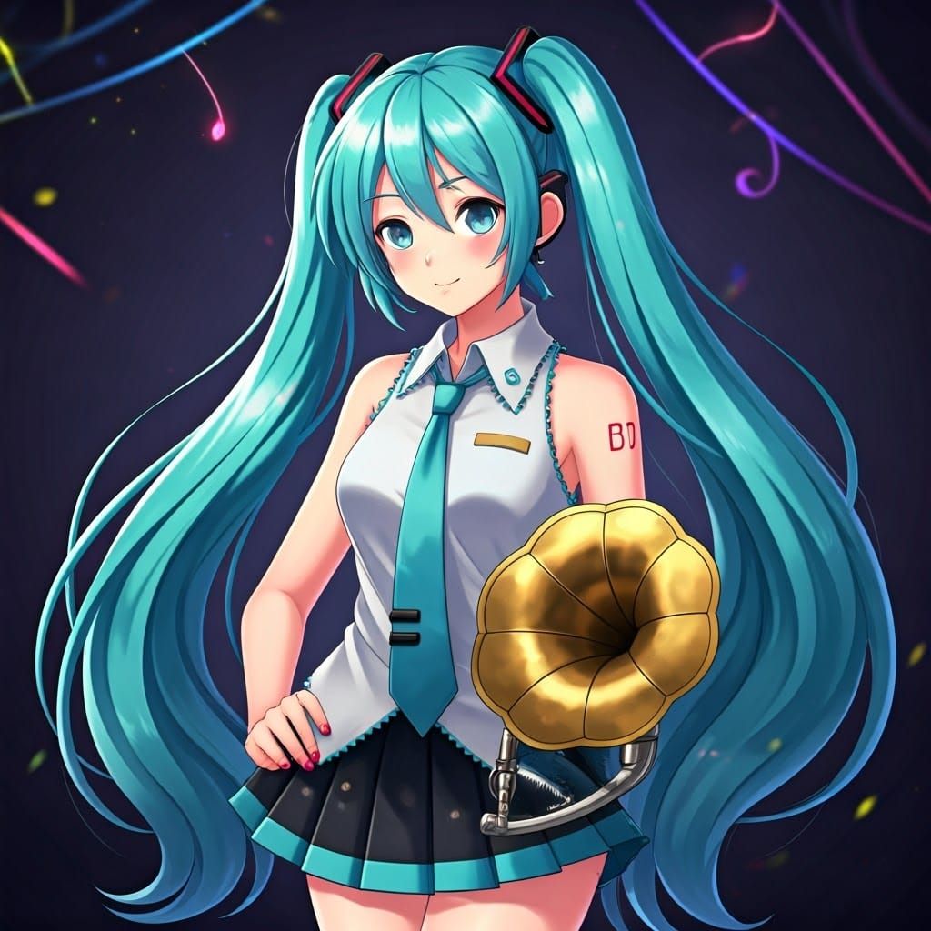 Hatsune Miku Mixes Music on Gramophone at Party