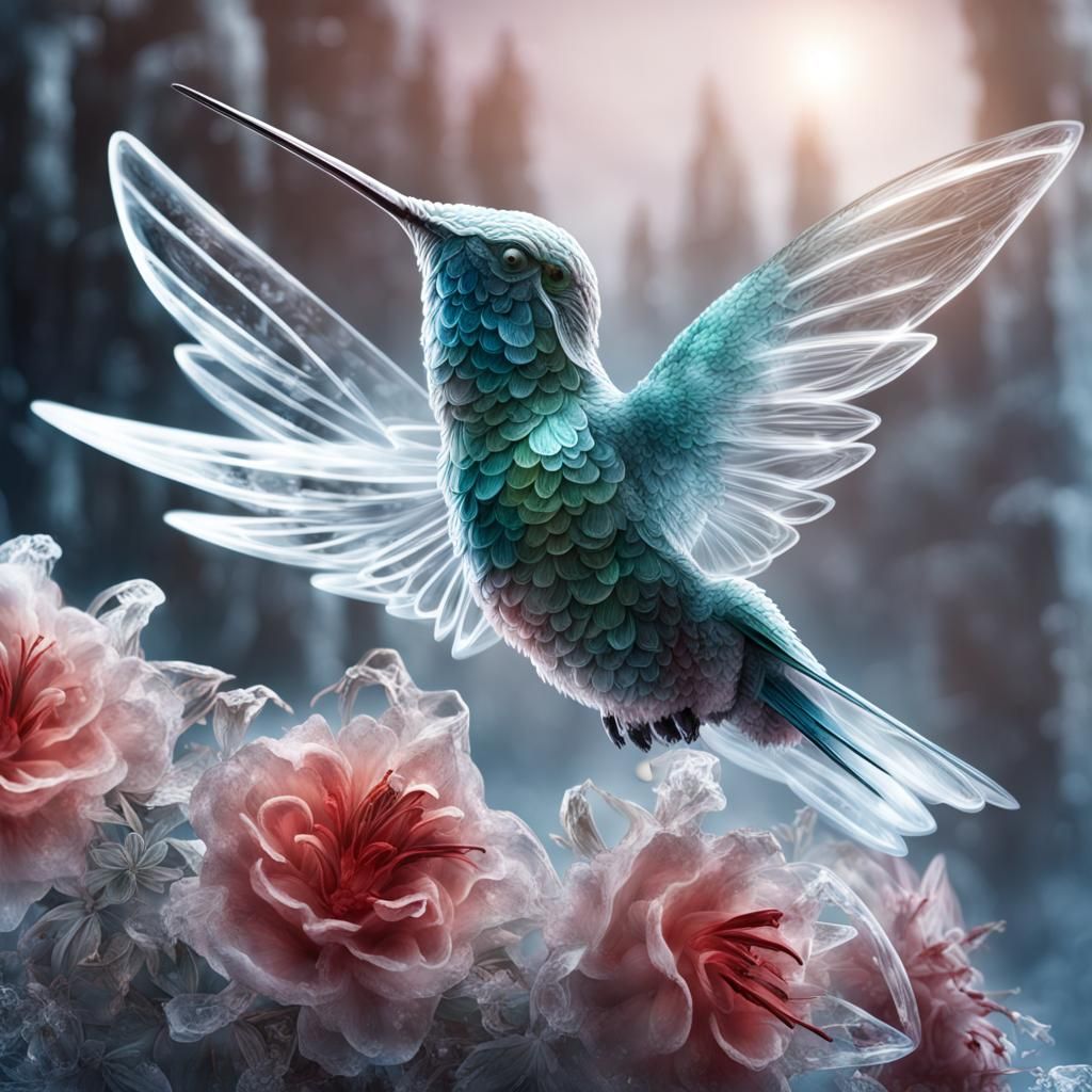 Icy Hummingbird and Flowers Sculpture