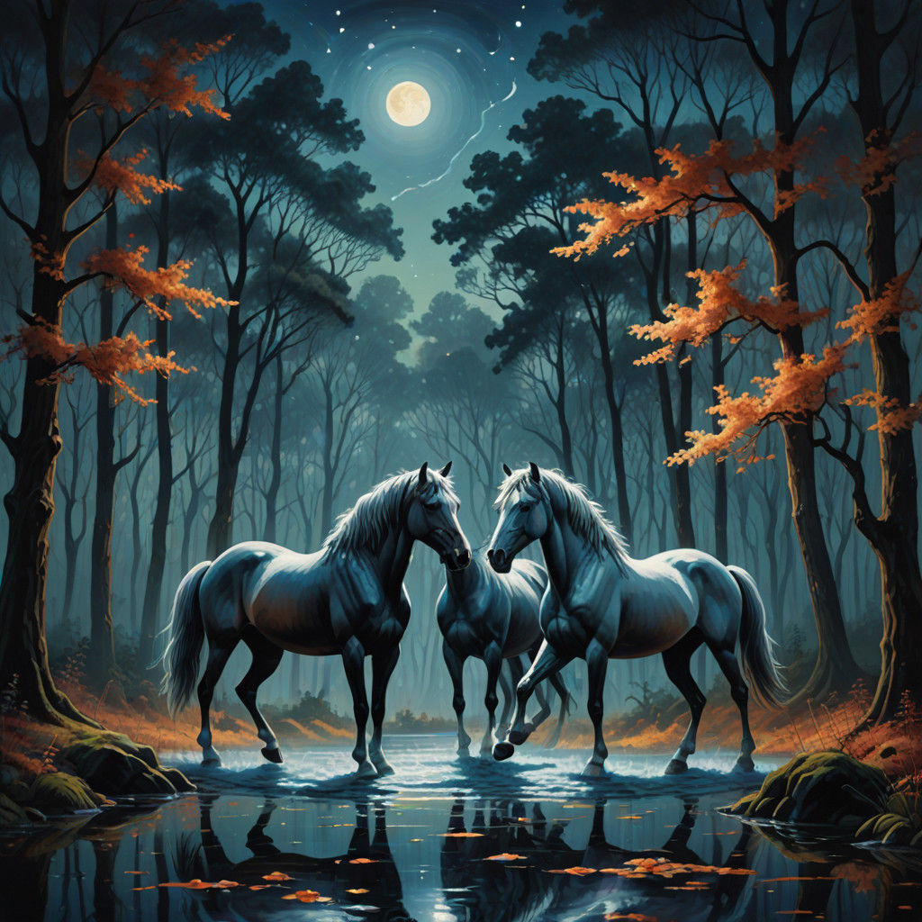 Surreal Equine Spectacle in a Moonlit Forest