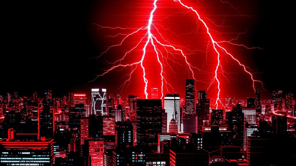 Glitch Art Cityscape with Red Lightning
