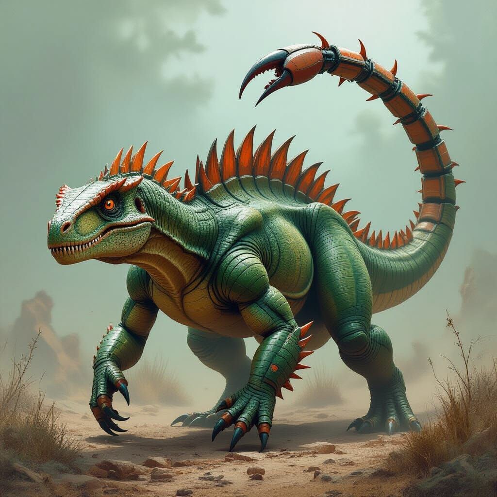 Allosaurus Scorpion Hybrid in Dystopian Biomechanical Style