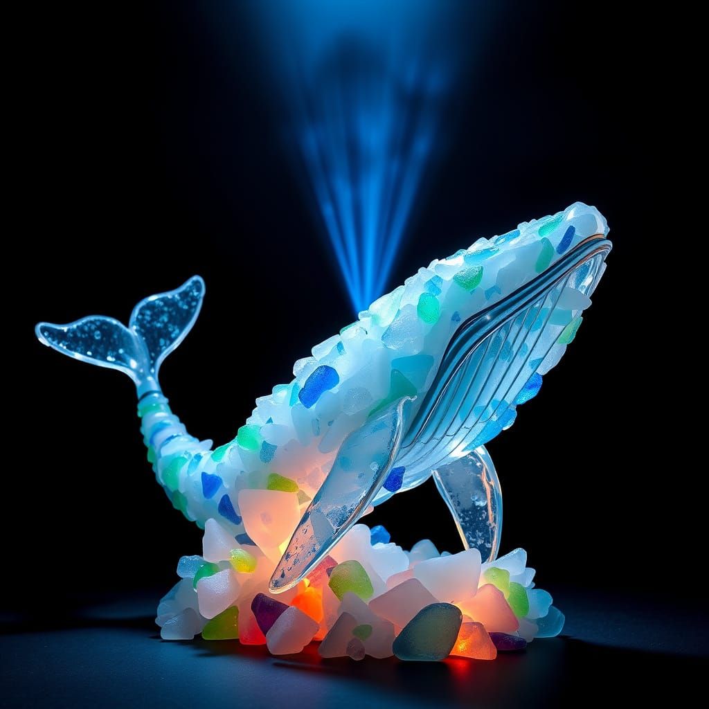 Sea Glass Whale Sculpture with Synthwave Neon Glow