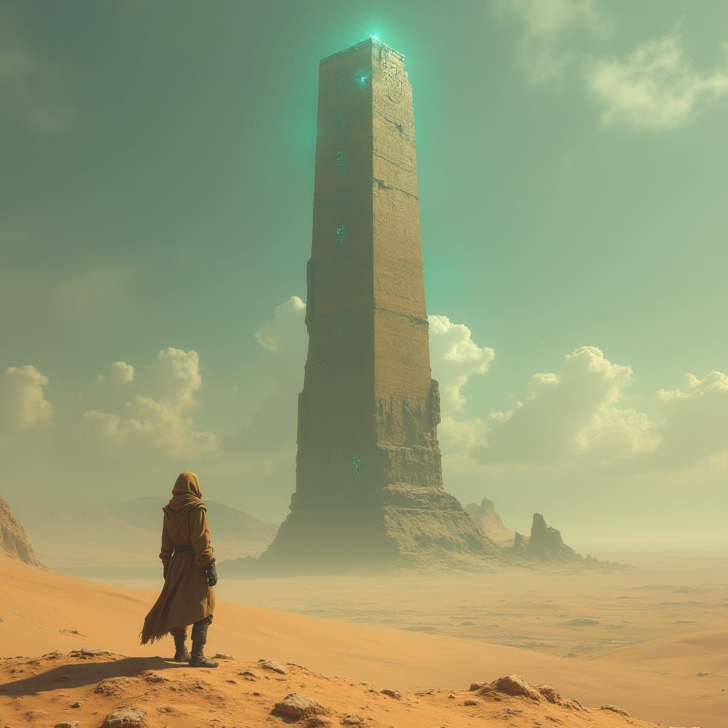 Cosmic Wanderer at Ancient Monolith's Feet