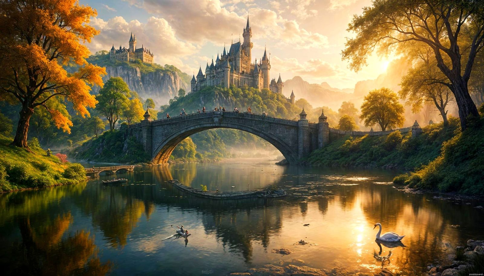 Fantasy Castle and Swan in Painterly Realism Style